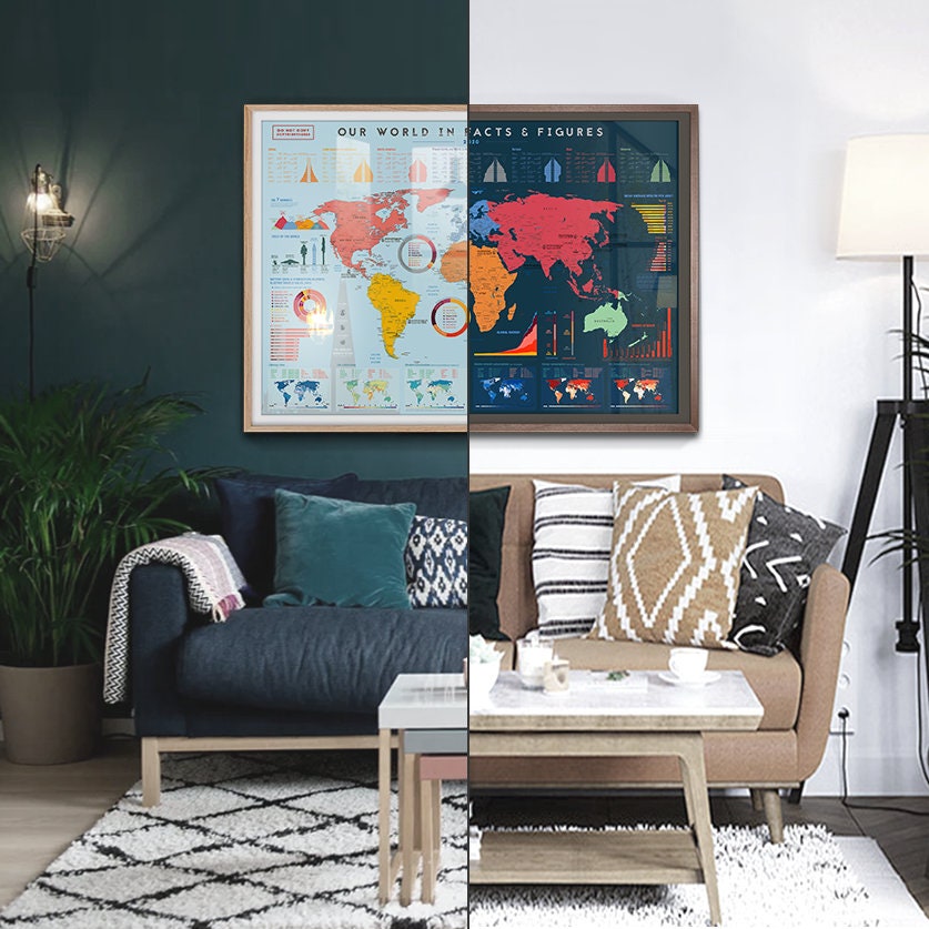 Large Wood Framed Map of the World With Beautiful Data Infographic