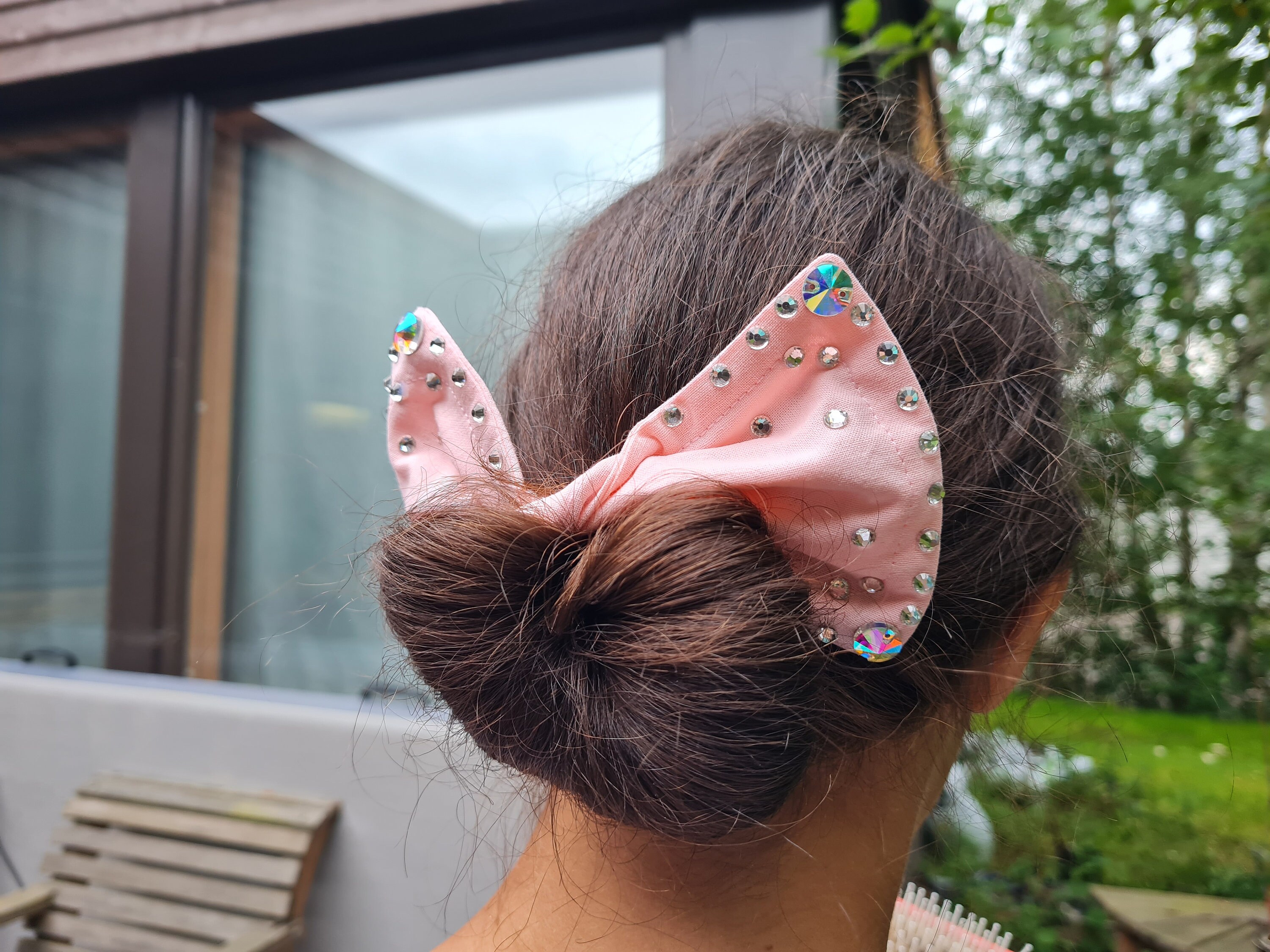 Light pink hair bun maker with rhinestones. Bow bun maker Etsy