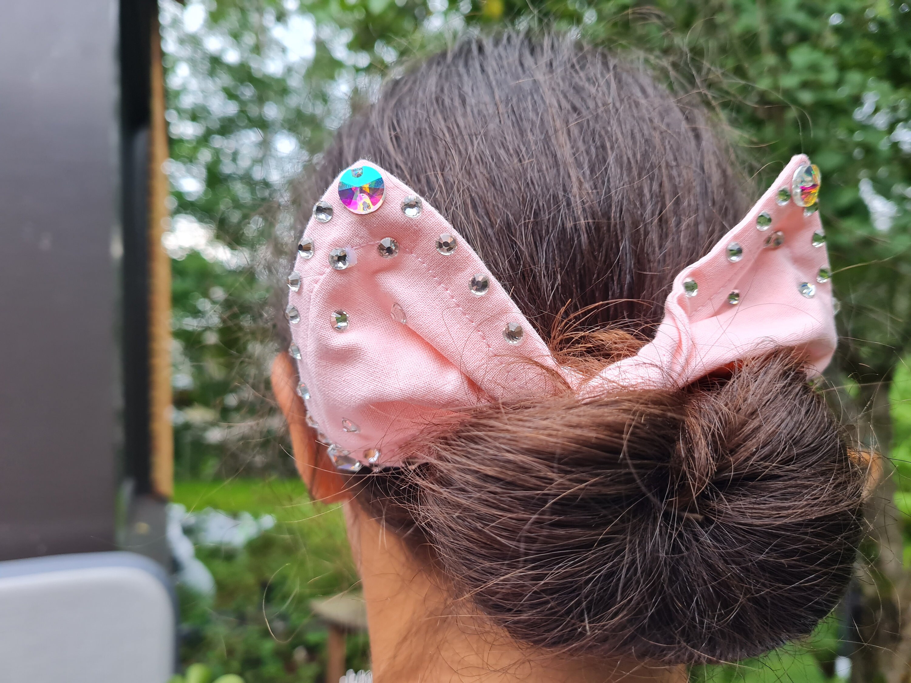 Light pink hair bun maker with rhinestones. Bow bun maker Etsy