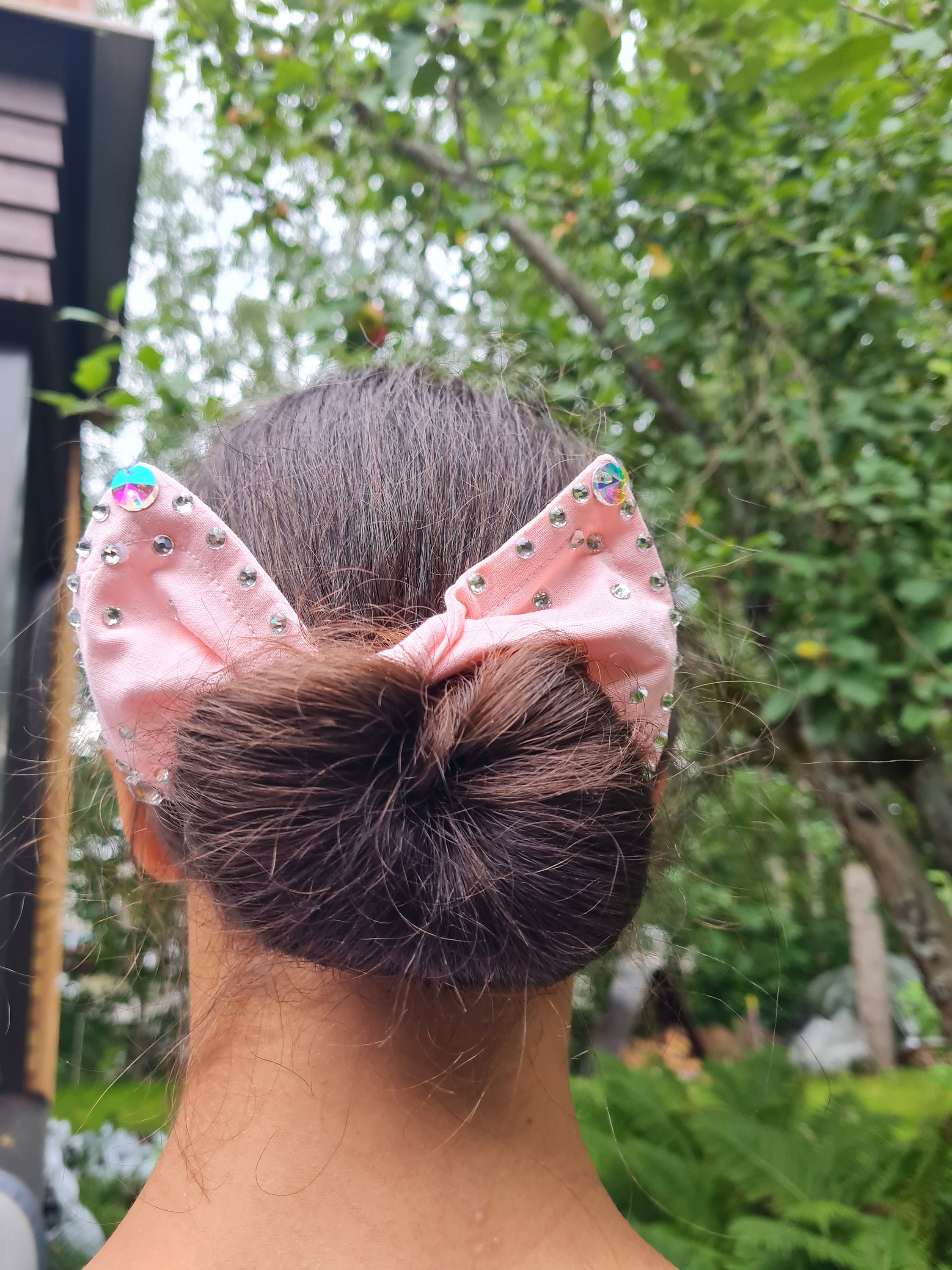 Light pink hair bun maker with rhinestones. Bow bun maker Etsy