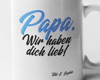 Può includere: Tazza in ceramica bianca con un design blu e nero che dice "Papa. Wir haben dich lieb!" e "Tobi & Sophie" in basso.