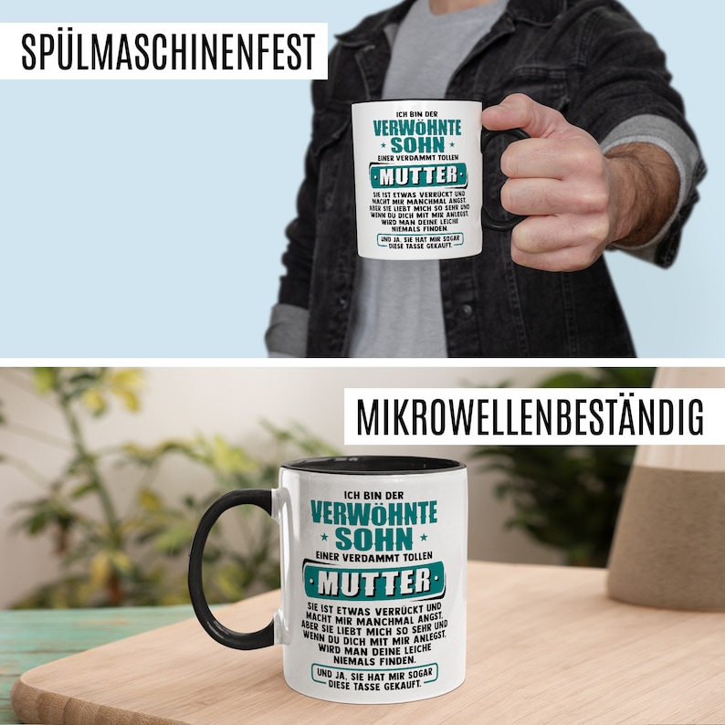 Sohn Tasse mit Spruch Geschenk Ich bin der verwöhnte Sohn Kaffeetasse 330ml aus Keramik Geburtstag Mama Geschenkidee Kaffee-Becher Bild 6