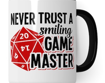 Game Master Mug - Role Play Saying: Never Trust a Smiling Gamemaster Coffee Mug Pen & Paper Tabletop D20 Cube Motif RPG Coffee Mug