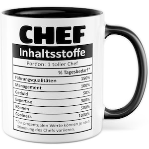 Chef Boss Tasse mit Spruch - Geschenk Inhaltsstoffe Portion: 1 toller Chef - Kaffeetasse aus Keramik 330ml Bürogeschenk Büro Kaffee-Becher