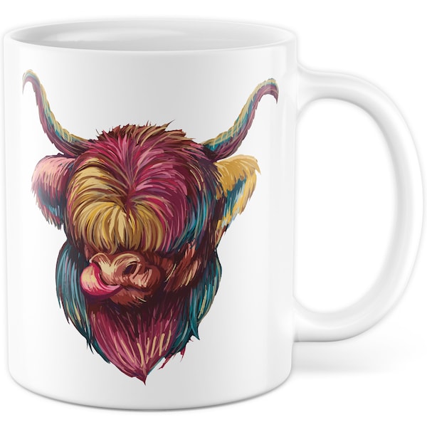 Kuh Tasse mit Motiv - Geschenk Schottisches Hochlandrind - Kaffeetasse 330ml Keramik - Highland cow bunt Zeichnung Tiere Deko Kaffee-Becher