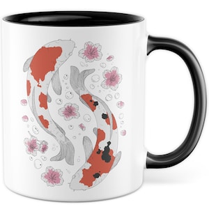 Koi Design Mug with Picture Coffee Cup Koi Carp Coffee Mug Koi Carp Print Fish and Flowers Cup Drawing Motif Carp Japan