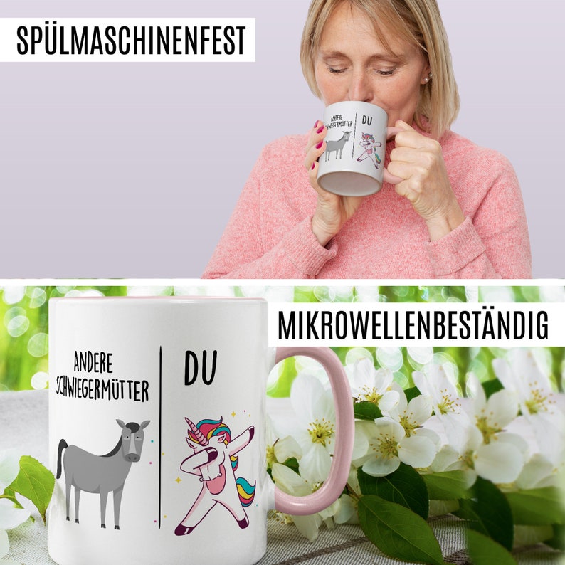 Peut inclure: Une tasse en c&eacute;ramique blanche avec un bord et une poign&eacute;e roses. La tasse pr&eacute;sente un motif de licorne et d'&acirc;ne avec le texte "Andere Schwiegerm&uuml;tter" et "Du". Le texte "Mikrowellenbest&auml;ndig" est imprim&eacute; sur un fond blanc.