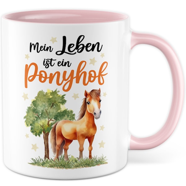 Tasse Pferd Geschenk Mein Leben ist ein Ponyhof, Kaffeetasse Mädchen Pony Pferdemädchen Kinder Geschenkidee lustig Frau Reithof Kakao-Becher