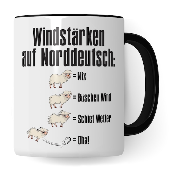 Tasse Windstärken auf Norddeutsch Kaffee-Tasse Schaf Geschenkidee für Norddeutsche Norddeutschland Meer Nordsee Ostsee Kaffeebecher