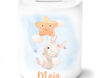 Money Box Girl Personalized with Name - Rabbit Drawing Kids Gift Pocket Money Daughter - Money Box Savings Certificate Ceramic Gift Idea