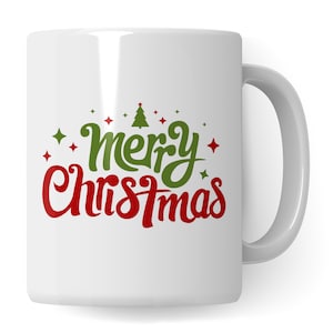 May include: White ceramic mug with a green Christmas tree and the text "merry christmas" in red and green lettering.