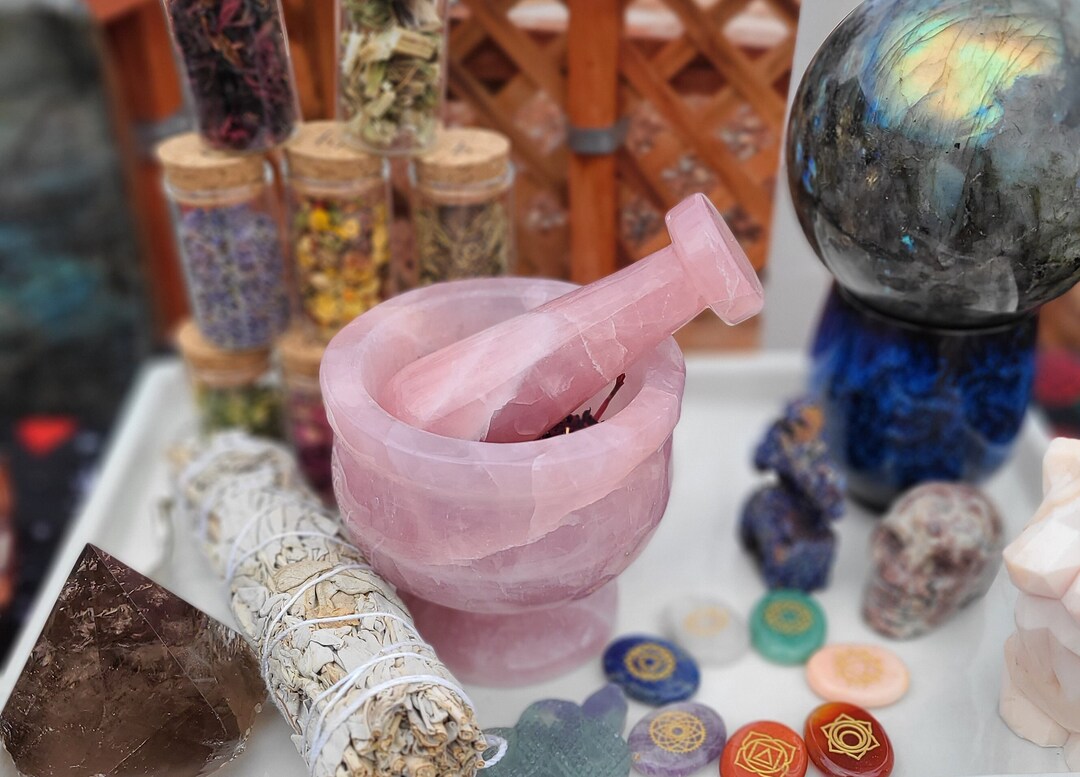 Rare Natural Crystal Mortar and Pestle Sets Chevron Amethyst, Rose