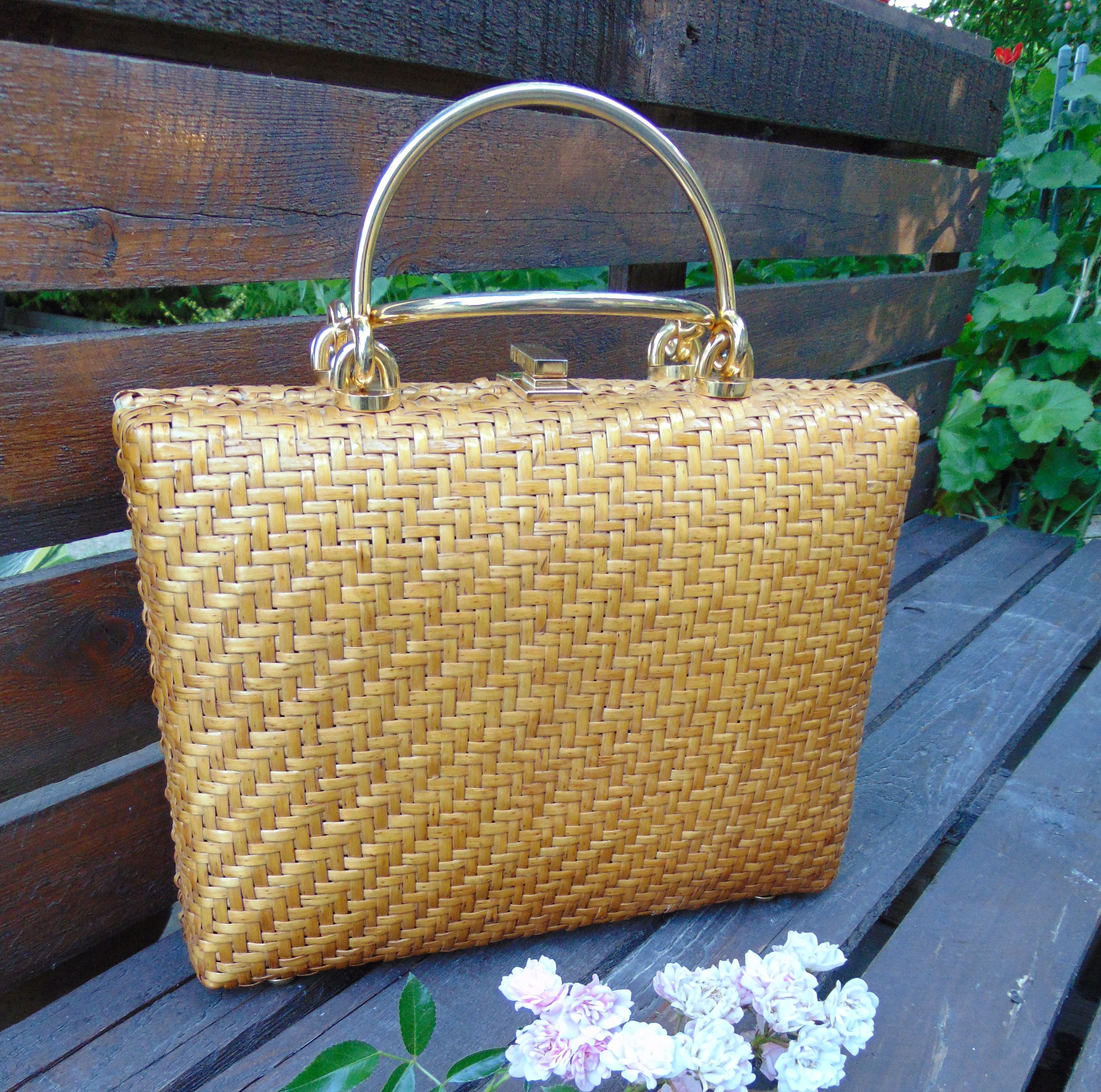 60s 70s vintage box bag basket purse, natural rattan wicker, retro