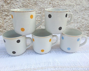 Set of 5  Yugoslavian mugs/rare vintage mugs/1960s/ Yugoporcelain/retro Set of Polka Dots Mugs