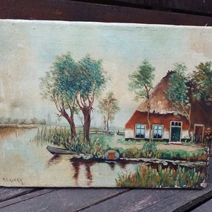 An antique oil painting of an old house by a pond/Old Original Landscape/ Old Oil Painting / Old Picture on Canvas Signed/