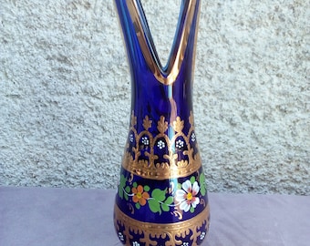 Jarrón vintage de tallo de Murano / jarrón azul / jarrón dorado / jarrón hecho a mano Murano / jarrón vintage retro / jarrón de flores retro / vidrio de Murano / Vidrio azul cobalto