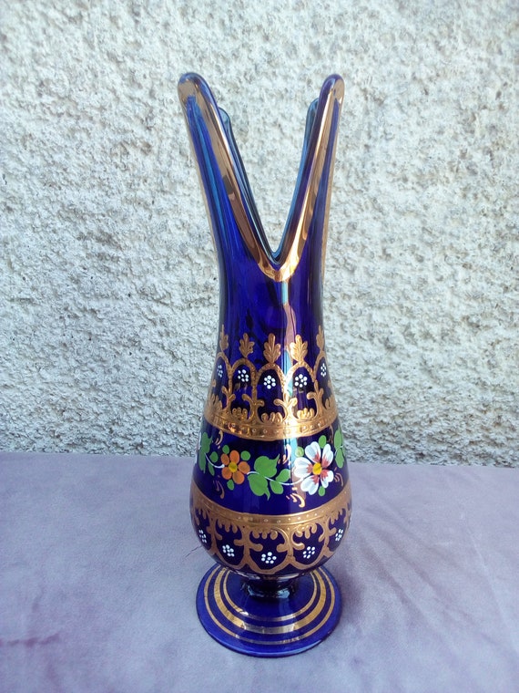 ムラーノステムヴィンテージ花瓶/青い花瓶/金メッキ花瓶/手作り
