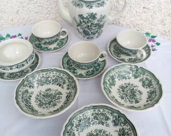 Vintage Porcelain Villeroy Boch/Tea or coffee set Villeroy Boch Fasan  /Green and White Porcelain /  Pheasant Pattern Fasan /Retro Porcelain