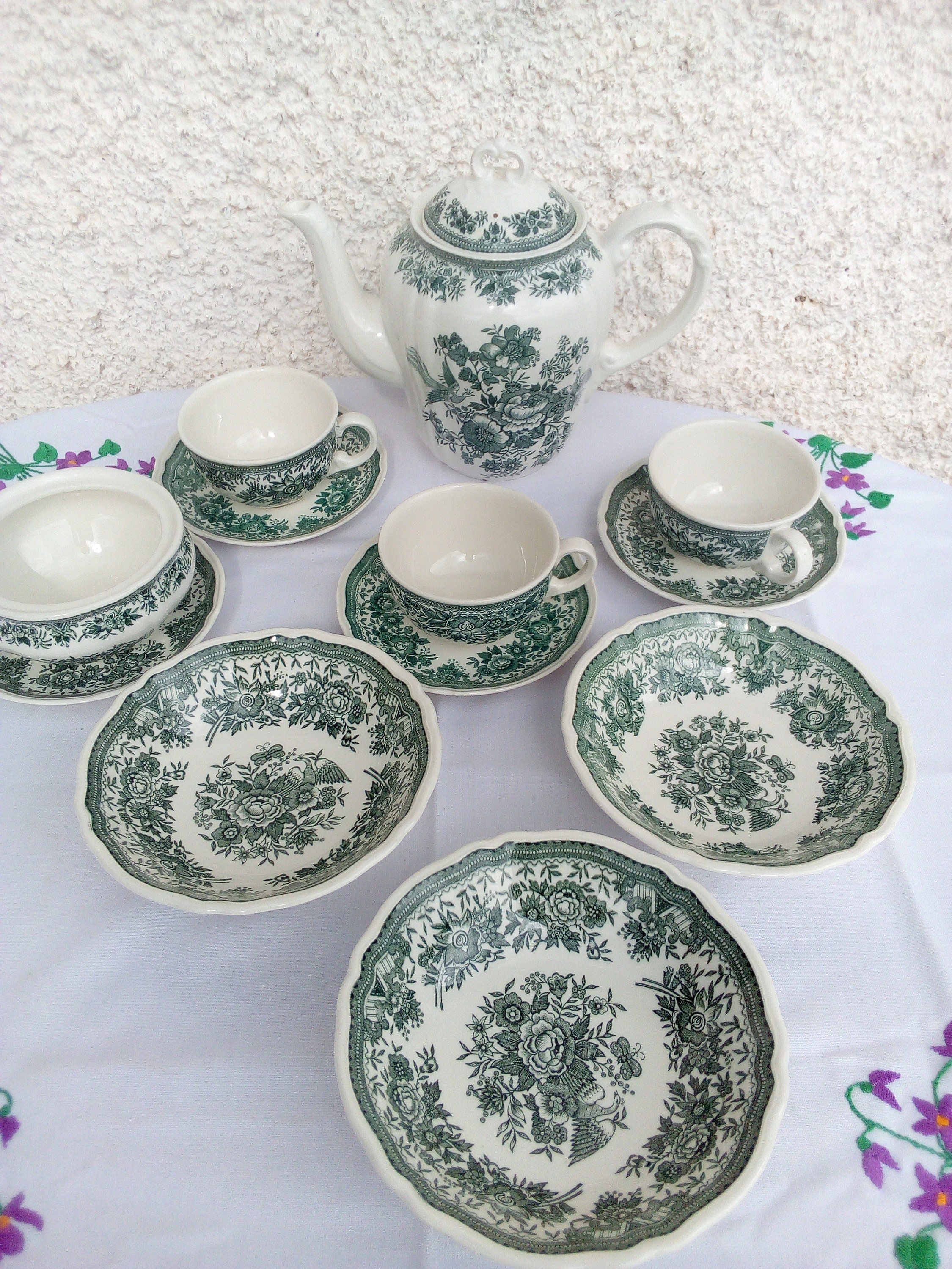 Vintage Porcelain Villeroy Boch/tea or Coffee Set Villeroy Boch Fasan  /green and White Porcelain / Pheasant Pattern Fasan /retro Porcelain 