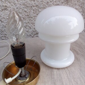 May include: A white glass mushroom-shaped lampshade with a brass base and a white cord. The lampshade has a double rim and a smooth, rounded top. The base has a wire cage around the bulb.
