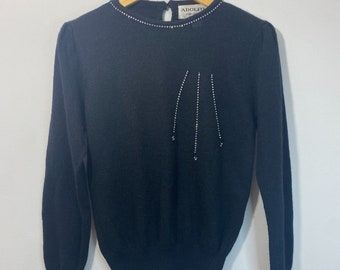 VTG Adolfo Collectibles Black Wool Blend Rhinestone Sweater Women's Large