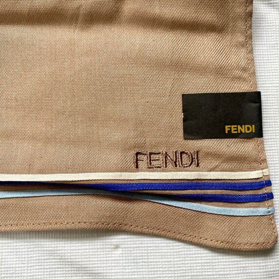 Vintage Fendi 100% Cotton Tan Blue Stripe Square … - image 2