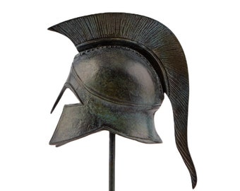 Ancient Greek Spartan helmet, solid heavy bronze metal sculpture, museum patina, handmade in Greece