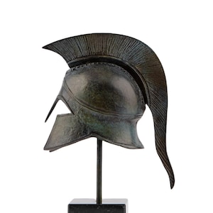 Ancient Greek Spartan helmet, solid heavy bronze metal sculpture, museum patina, handmade in Greece