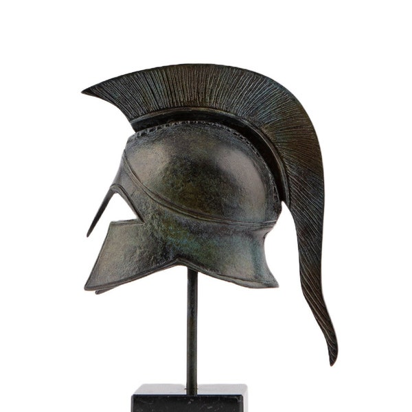 Casque spartiate grec ancien, sculpture en métal bronze lourd massif, patine de musée, fait à la main en Grèce