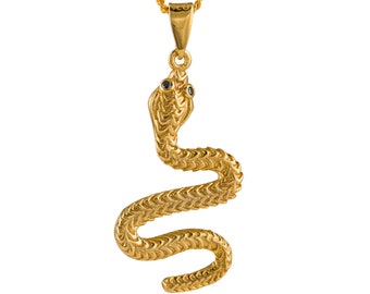 Handmade pendant in a form of cobra snake with back zirgon eyes, gold plated, with a 45cm (17.9in) gold plated chain