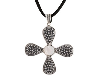 Βyzantine cross pendant with white natural stone. Handmade Sterling silver 925