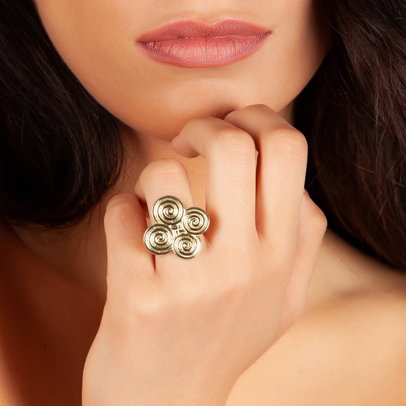 Large ring in the shape of a four-leaf spiral, inspired by the ancient Greek motif of the spiral. Sterling silver 925, Gold plated image 2