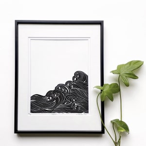 Waves linocut, Waves art, Minimalist art, Ocean inspired art, Original Linocut print, Unframed art print image 1