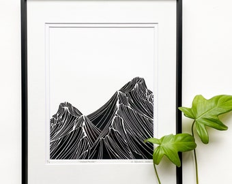 Mountains linocut, Mountains art, Minimalist art, Nature inspired art, Original Linocut print, Unframed art print