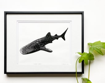 Whale shark Linocut, Whale art print, Whale shark art, Original Linocut print, Unframed art print