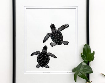 Turtles linocut, Baby turtles art print, Original Linocut print, Marine life art, Unframed print