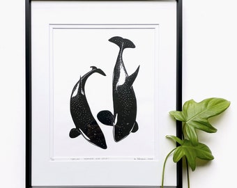 Orcas linocut, Orca art, Original Linocut print, Marine life art, Unframed print