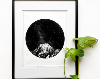 Mountains and stars linocut, Milky Way art print, Original Linocut print, Starlight art, Unframed print
