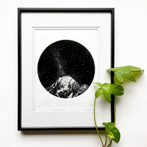 Mountains and stars linocut, Milky Way art print, Original Linocut print, Starlight art, Unframed print image 1