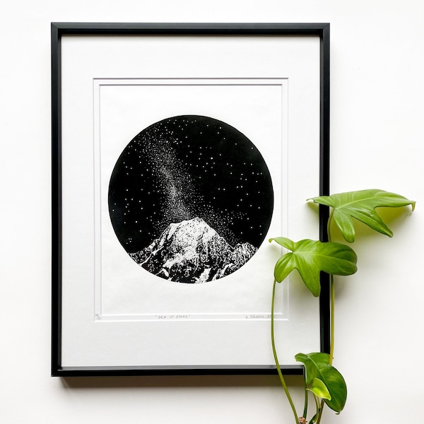 Mountains and stars linocut, Milky Way art print, Original Linocut print, Starlight art, Unframed print
