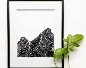 Impresión en linóleo de montañas, arte impreso a mano, 28 x 35 cm, con doble paspartú, sin marco