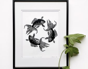 Fish linocut print, Fish art print, Beta Fish art, Circling fish print, Original Linocut print, Unframed art print