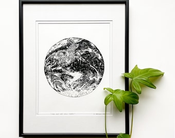 Earth linocut, Earth hand printed, Original Linocut print, planet Earth art, Unframed print