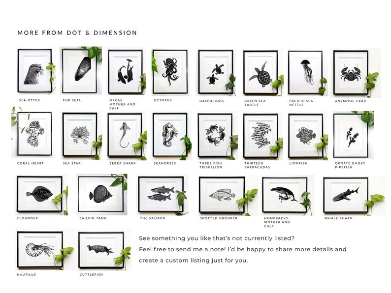 Puede incluir: Colecci&oacute;n de ilustraciones en blanco y negro enmarcadas de vida marina, incluyendo una nutria marina, un pulpo y un tibur&oacute;n ballena. El texto "MORE FROM DOT & DIMENSION" est&aacute; en la parte superior, con una llamada a la acci&oacute;n en la parte inferior.