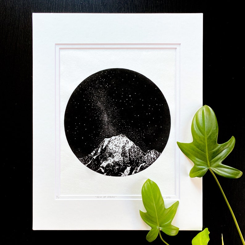 Mountains and stars linocut, Milky Way art print, Original Linocut print, Starlight art, Unframed print image 2