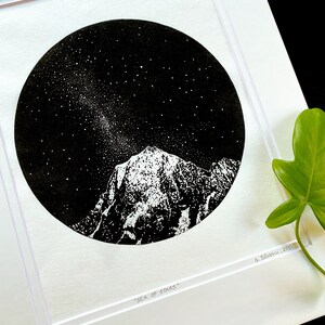 Mountains and stars linocut, Milky Way art print, Original Linocut print, Starlight art, Unframed print image 3
