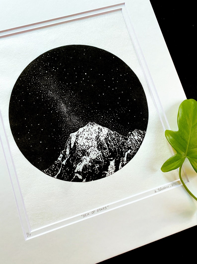 Mountains and stars linocut, Milky Way art print, Original Linocut print, Starlight art, Unframed print image 3