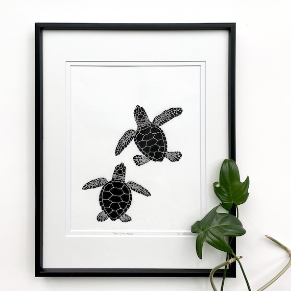 Baby Turtles Linocut Print: Marine Life Art, 11x14" Double-Matted, Unframed