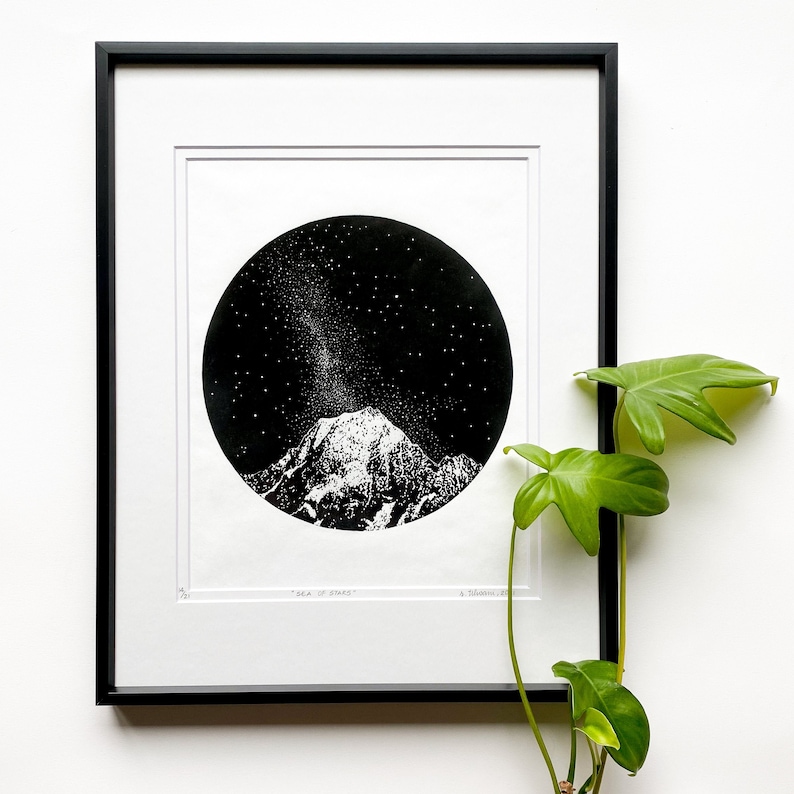 Mountains and stars linocut, Milky Way art print, Original Linocut print, Starlight art, Unframed print image 1