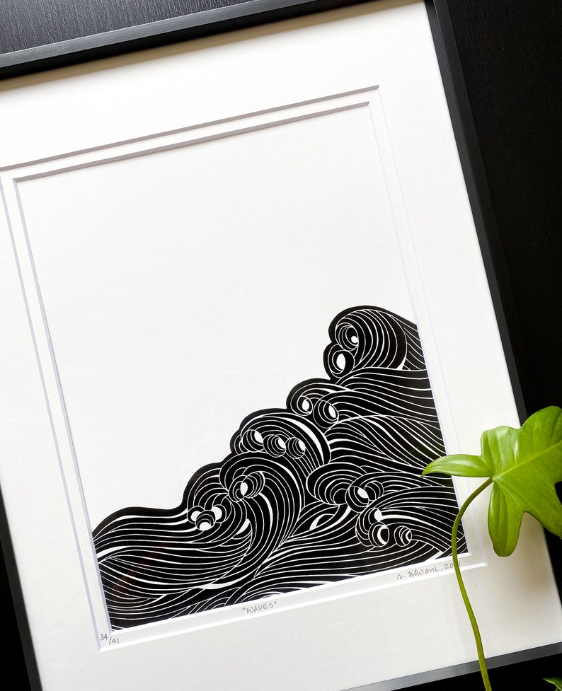 Waves linocut, Waves art, Minimalist art, Ocean inspired art, Original Linocut print, Unframed art print image 3